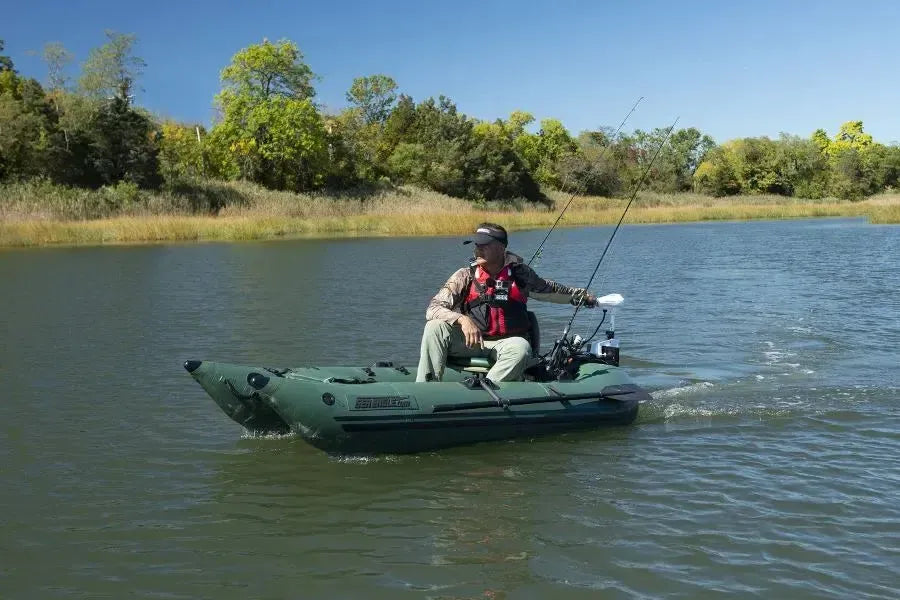 Black painted steel Sea Eagle motormount for frameless fishing boats, attached to a green inflatable boat.