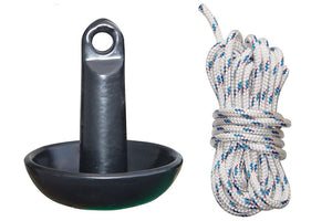 Black 8 lb. PVC coated mushroom anchor with a coiled white rope featuring blue and red flecks.