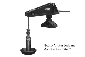 Black PVC coated mushroom anchor with rope, attached to a Scotty Anchor Lock.