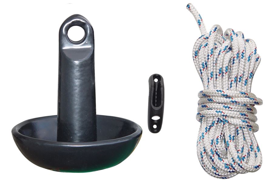 Black 8 lb. PVC-coated mushroom anchor, a black anchor grip, and coiled white rope with blue and red flecks.