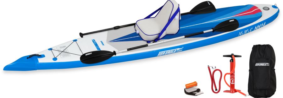 White and blue Sea Eagle NeedleNose 14 inflatable paddleboard with paddle, pump, and carry bag.