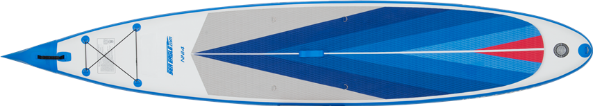 Blue and white Sea Eagle NeedleNose 14 inflatable paddleboard with diamond deck pad and bungee storage.