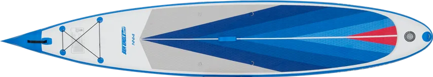 Blue and white Sea Eagle NeedleNose 14 inflatable paddleboard with diamond deck pad and bungee storage.