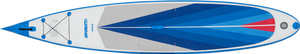 Blue and white Sea Eagle NeedleNose 14 inflatable paddleboard with diamond deck pad and bungee storage.