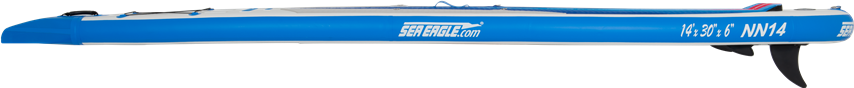 Blue and white Sea Eagle NeedleNose 14 inflatable paddleboard with a sharp bow and removable skeg.