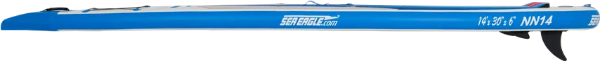 Blue and white Sea Eagle NeedleNose 14 inflatable paddleboard with a sharp bow and removable skeg.