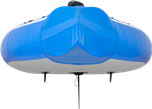 Blue and white Sea Eagle NeedleNose 14 inflatable paddleboard, showing its sharp bow and removable skeg.