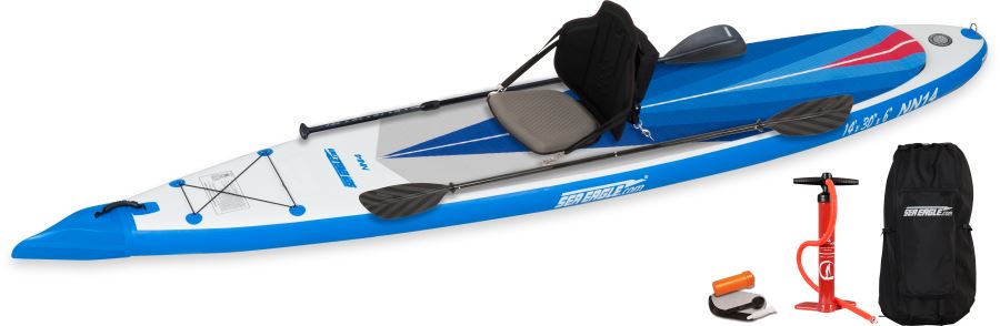 Blue and white Sea Eagle NeedleNose 14 inflatable paddleboard with kayak seat, paddle, pump, and carry bag.