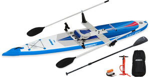 Blue and white Sea Eagle NeedleNose 14 inflatable paddleboard with rowing frame, seat, oars, pump, and bag.