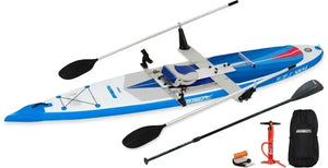 Blue and white Sea Eagle NeedleNose 14 inflatable paddleboard with rowing frame, seat, oars, pump, and bag.