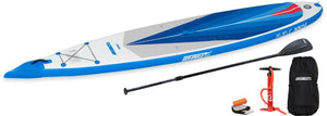 White and blue Sea Eagle NeedleNose 14 inflatable paddleboard with paddle, pump, and carry bag.