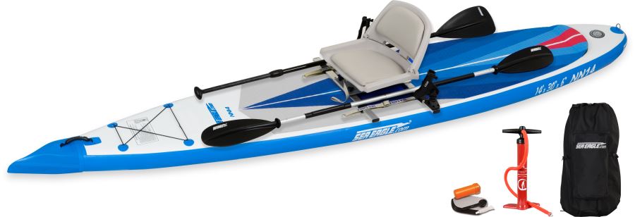 Blue and white Sea Eagle NeedleNose 14 inflatable paddleboard with a gray seat, paddles, pump, and carry bag.