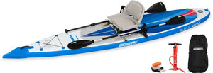 Blue and white Sea Eagle NeedleNose 14 inflatable paddleboard with a gray seat, paddles, pump, and carry bag.