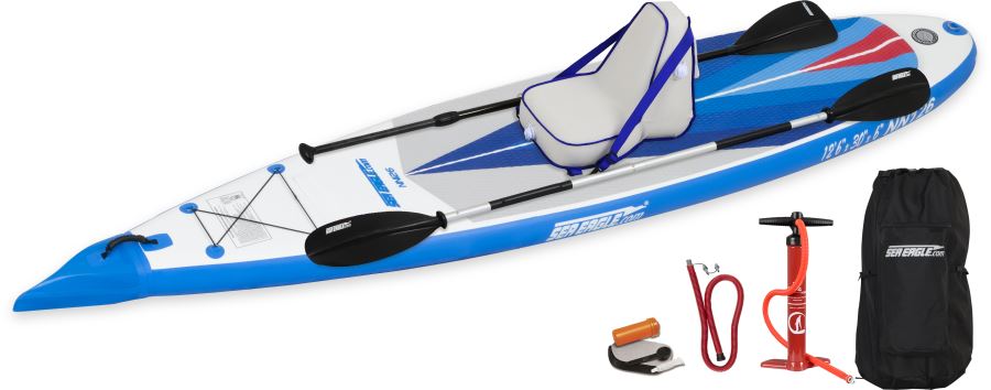 Blue and white Sea Eagle NeedleNose 126 inflatable paddleboard with seat, paddles, pump, and bag.