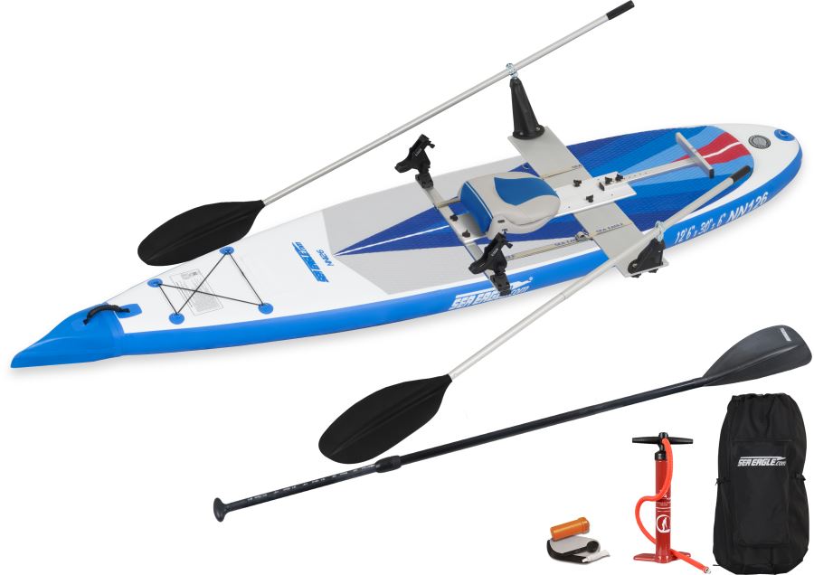 Blue and white Sea Eagle NeedleNose 126 inflatable paddleboard with rowing frame, paddles, pump, and carry bag.