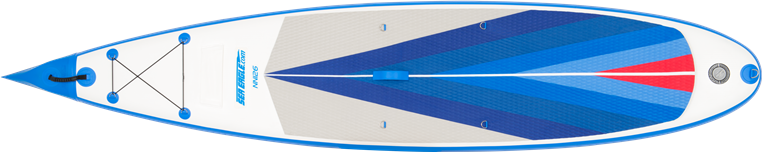 Blue and white Sea Eagle NeedleNose 126 inflatable paddleboard with Electric Pattern Diamond Deck Pad.