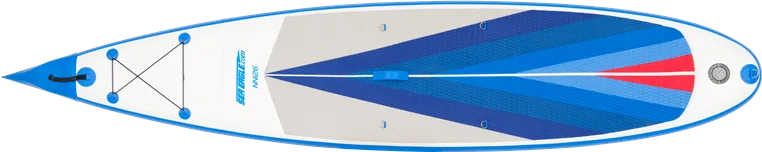 Blue and white Sea Eagle NeedleNose 126 inflatable paddleboard with Electric Pattern Diamond Deck Pad.