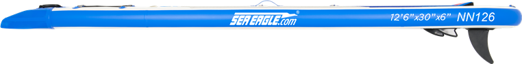 Blue and white Sea Eagle NeedleNose 126 inflatable paddleboard with black skeg and logo.