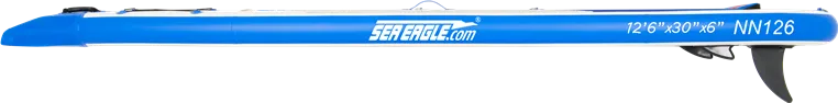 Blue and white Sea Eagle NeedleNose 126 inflatable paddleboard with black skeg and logo.