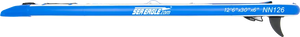 Blue and white Sea Eagle NeedleNose 126 inflatable paddleboard with black skeg and logo.