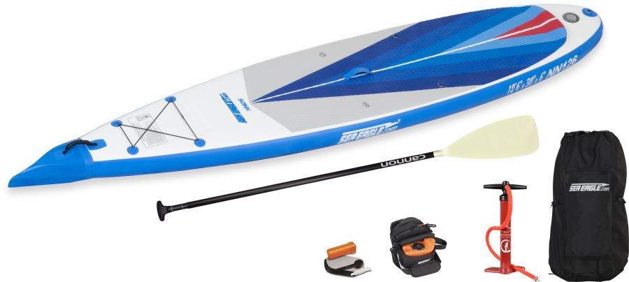 Sea Eagle NeedleNose 126 inflatable paddleboard with blue, white, and red design, paddle, pump, and bag.