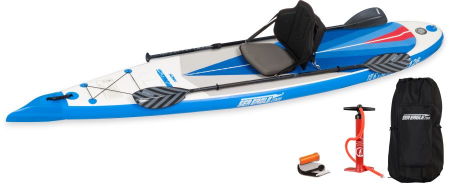 Blue and white Sea Eagle NeedleNose 126 inflatable paddleboard with seat, paddle, pump, and bag.