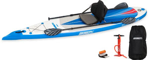 Blue and white Sea Eagle NeedleNose 126 inflatable paddleboard with seat, paddle, pump, and bag.
