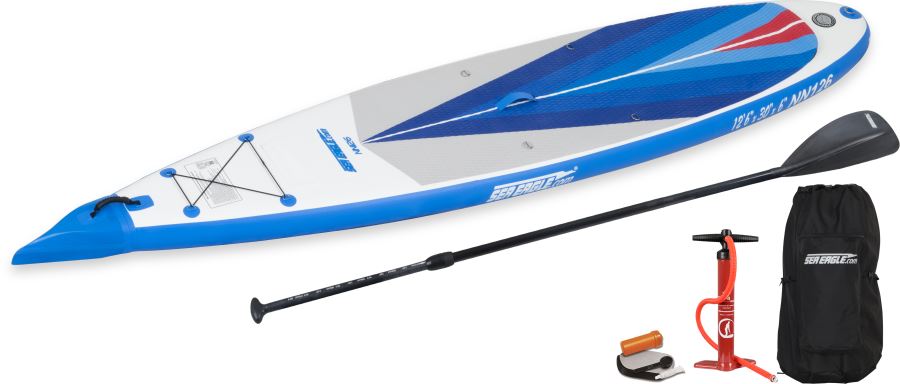 Sea Eagle NeedleNose 126 inflatable paddleboard with blue and white design, paddle, pump, and bag.