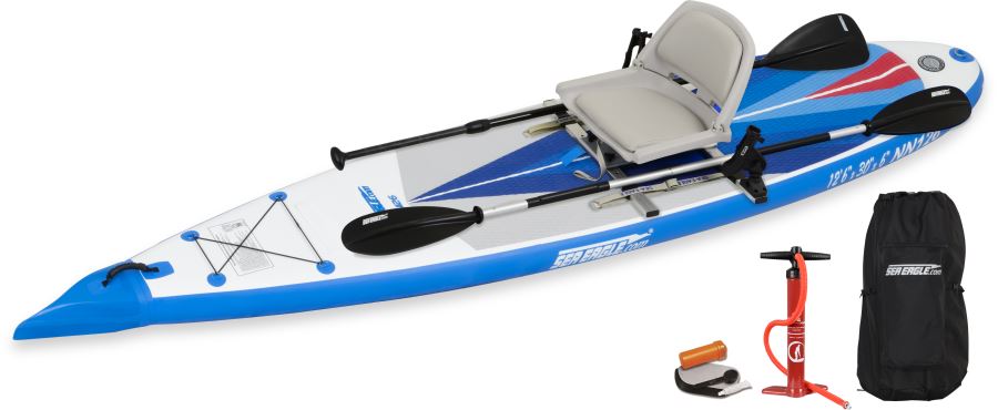 Blue and white Sea Eagle NeedleNose 126 inflatable paddleboard with seat, paddle, pump, and bag.