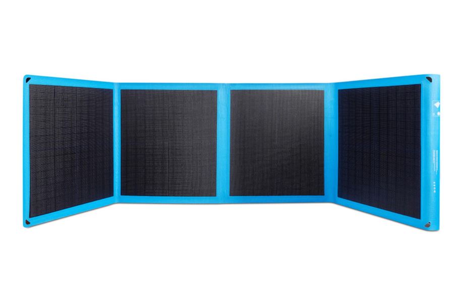 Sea Eagle New SUN80 Bixpy Solar Panel, open, showing four black mono-crystalline cells with blue trim.