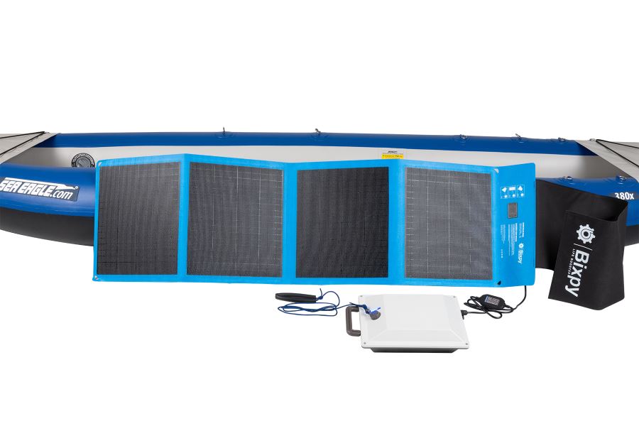 Sea Eagle New SUN80 Bixpy Solar Panel, open, showing four black mono-crystalline cells with blue trim.