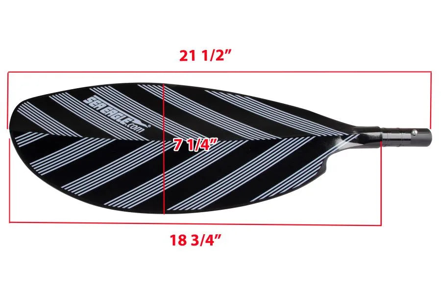 Sea Eagle PADDLEAB40 7'9" black asymmetrical paddle blade with white stripes and dimensions.