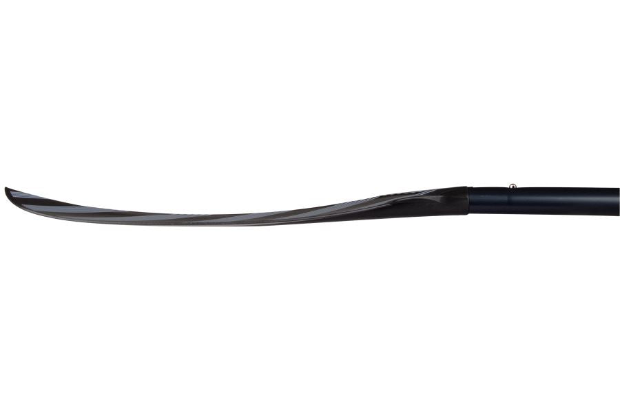 Black fiberglass reinforced asymmetrical spoon blade of a Sea Eagle 7'9" 4-part paddle.