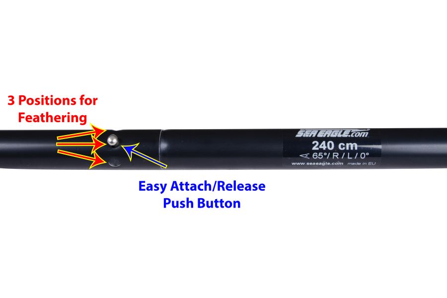 Close-up of a black Sea Eagle paddle shaft with feathering positions and a push button.