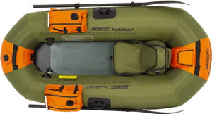 Top-down view of a green Sea Eagle PackFish7 inflatable fishing boat with orange storage bags, a seat, and oars.