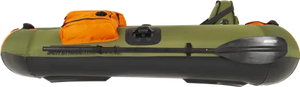 Green and black Sea Eagle PackFish7™ inflatable fishing boat with orange storage bag and black paddle.