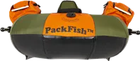 Olive green and orange Sea Eagle PackFish7™ inflatable fishing boat with two orange storage bags.