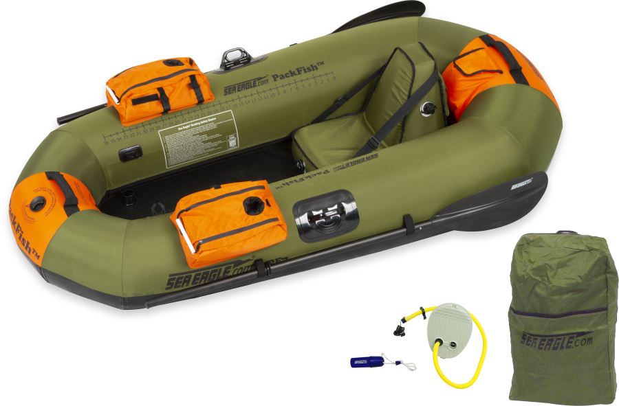 Olive green Sea Eagle PackFish7™ inflatable fishing boat with orange storage bags, seat, oars, pump, and carry bag.