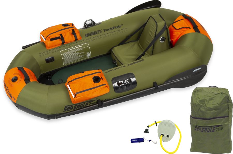 Olive green Sea Eagle PackFish7™ inflatable fishing boat with orange storage bags, seat, oars, pump, and carry bag.