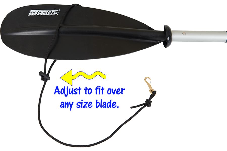 Black Sea Eagle paddle leash with adjustable shock cord and brass clip, attached to a paddle blade.
