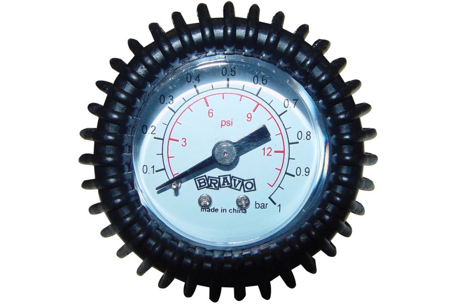 Black Bravo pressure gauge with white face, red psi markings, and a black needle.