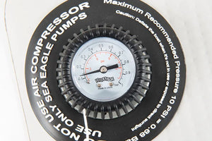 Black Sea Eagle pressure gauge with white face, red and black psi markings, and "Bravo" logo.