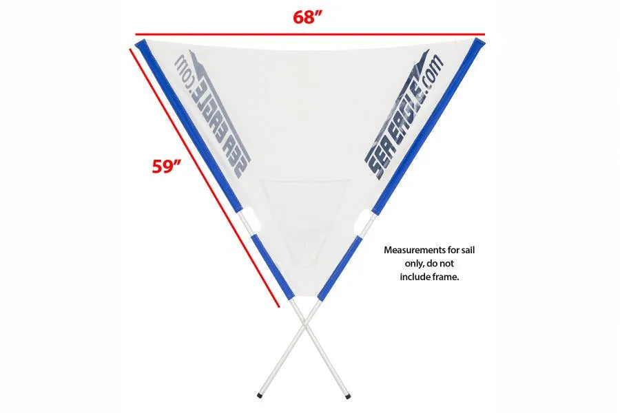 White Sea Eagle QuikSail kayak sail, 68" x 59", with blue trim and logo, on a white background.