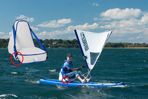 Man sailing a blue and white Sea Eagle SUP with a white QuikSail and deluxe inflatable seat.