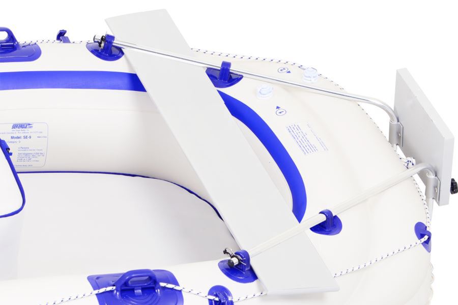 White aluminum bench seat installed on a white inflatable Sea Eagle SE9 boat with blue accents.