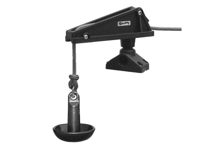 Black Scotty Anchor Lock with deck mount, rope, and small anchor weight.