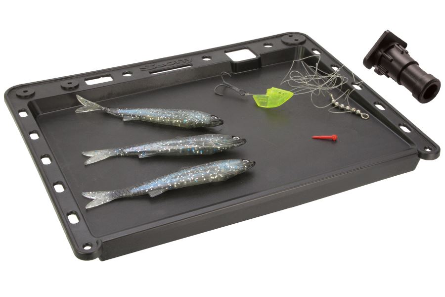 Black Scotty Bait Board with universal post base, holding three fishing lures and tackle.
