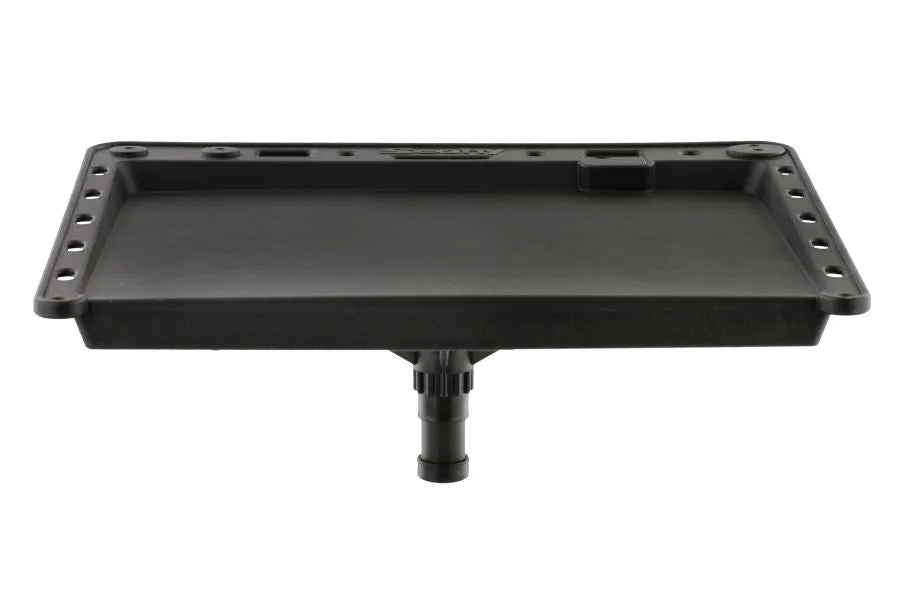 Black plastic Scotty Bait Board with a universal post base, featuring lure and accessory slots.