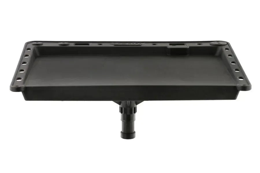 Black Scotty Bait Board with universal post base, holding three fishing lures and tackle.