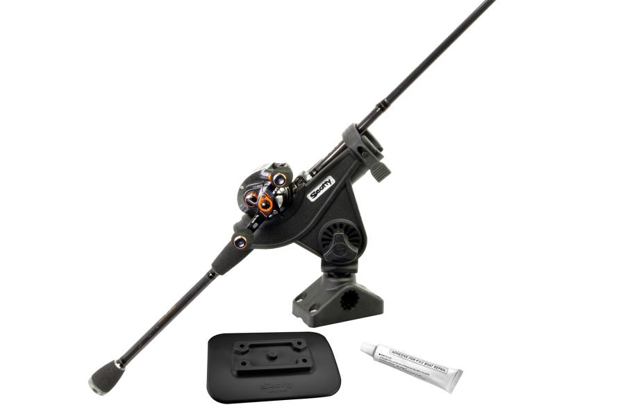 Black Scotty Baitcaster rod holder with a fishing rod and reel, mounting pad, and PVC glue.